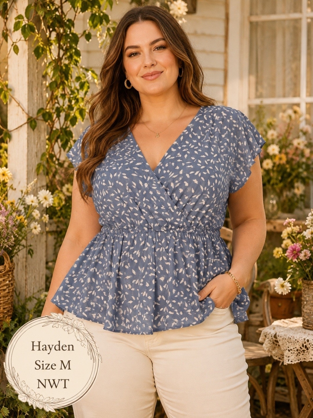 Hayden Los Angeles NWT Blue & Cream Sheer Surplice Peplum Blouse | Size M